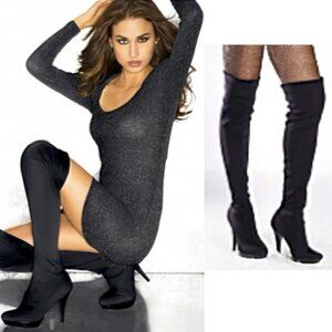 Fredericks of Hollywood Sexy Black Stretch Nylon Thigh High Boot Above Knee Heel